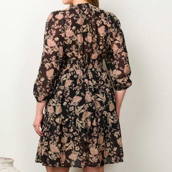 🍾5/$25🍾 3/4 Sleeve Surplice Smock Waist Floral Mini Dress - Picture 2 of 5
